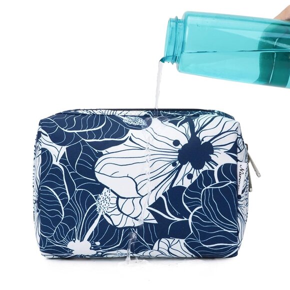 Women Blue Lotus Large Makeup Bag Zipper Pouch Travel Cosmetic Organizer - Picture 4 of 6